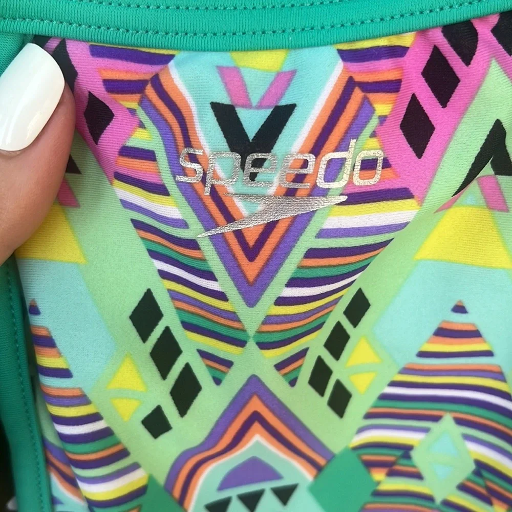 Girls Speedo Swimsuit Colorful Geometric One-Piece with Polka Dot Contrast Sz 12